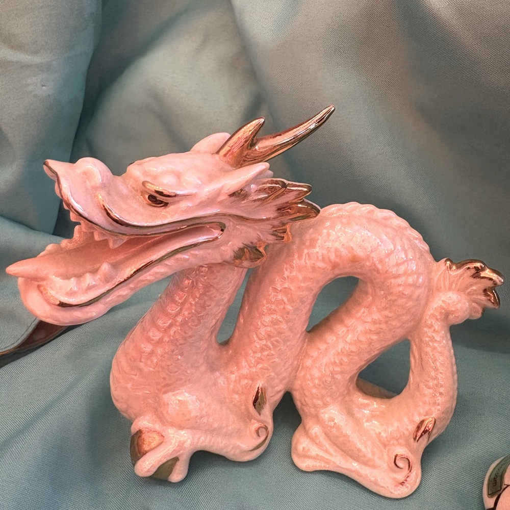 White& Gold Ceramic Dragon Figurine with Gold Accent